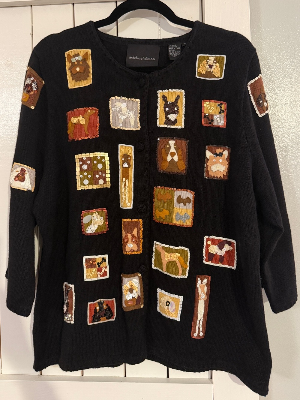 Michael Simon Black Embellished Dog Cardigan Sweater